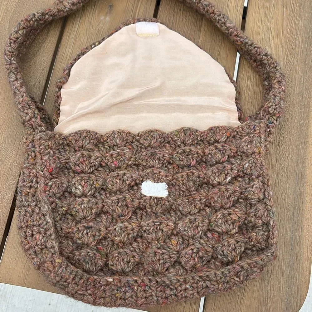 Vintage Handcrafted homemade speckle wool Brown Crochet Shoulder Bag purse EUC!